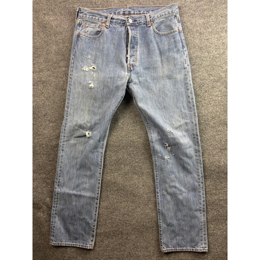 Levi's 501 Jeans Mens 36x34 Blue Light Wash Distressed Straight Leg Button Fly